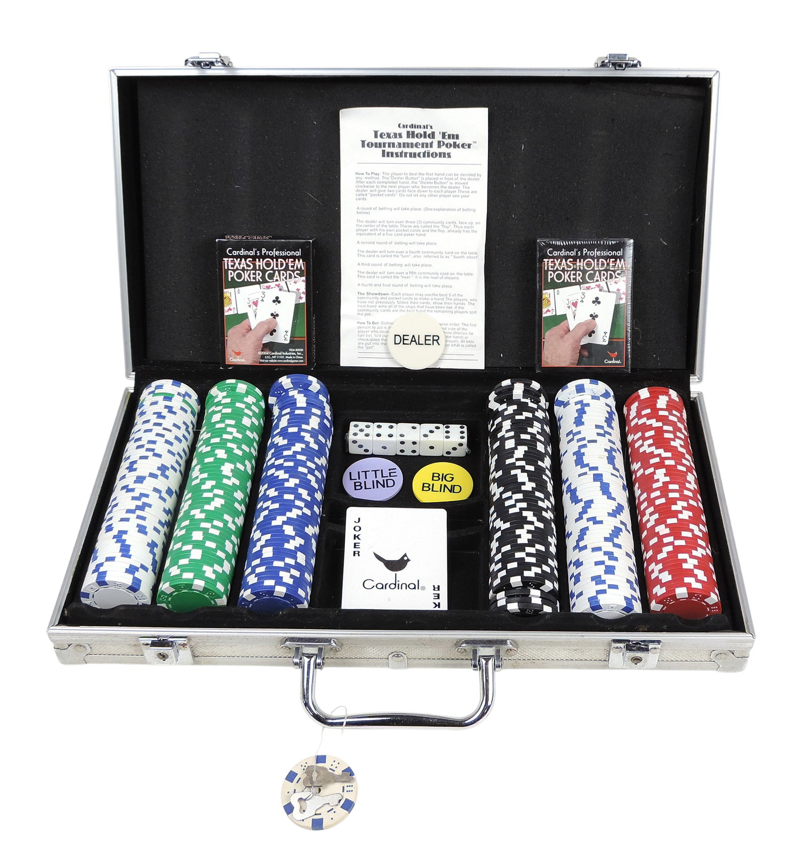 Cardinal's Professional Texas Hold 'Em Poker Set, includes colored chips, playing cards, dice, bl...: Cardinal's Professional Texas Hold 'Em Poker Set, includes colored chips, playing cards, dice, blind buttons, housed in a lockable aluminum carrying case, Exc cond, H 8 x W 15.5 in.