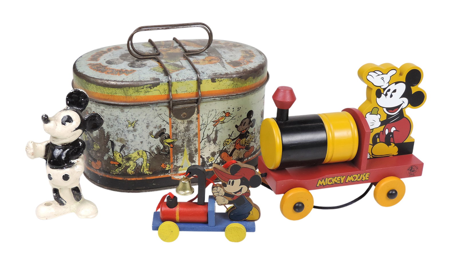 Mickey Mouse Items (4), Christmas Ornament w/bell, wood, The Walt Disney Company, made in Taiwan,...: Mickey Mouse Items (4), Christmas Ornament w/bell, wood, The Walt Disney Company, made in Taiwan, Pull Toy, adult collector's item: not intended for use by children, Disney, made in Taiwan, B/W Toothb