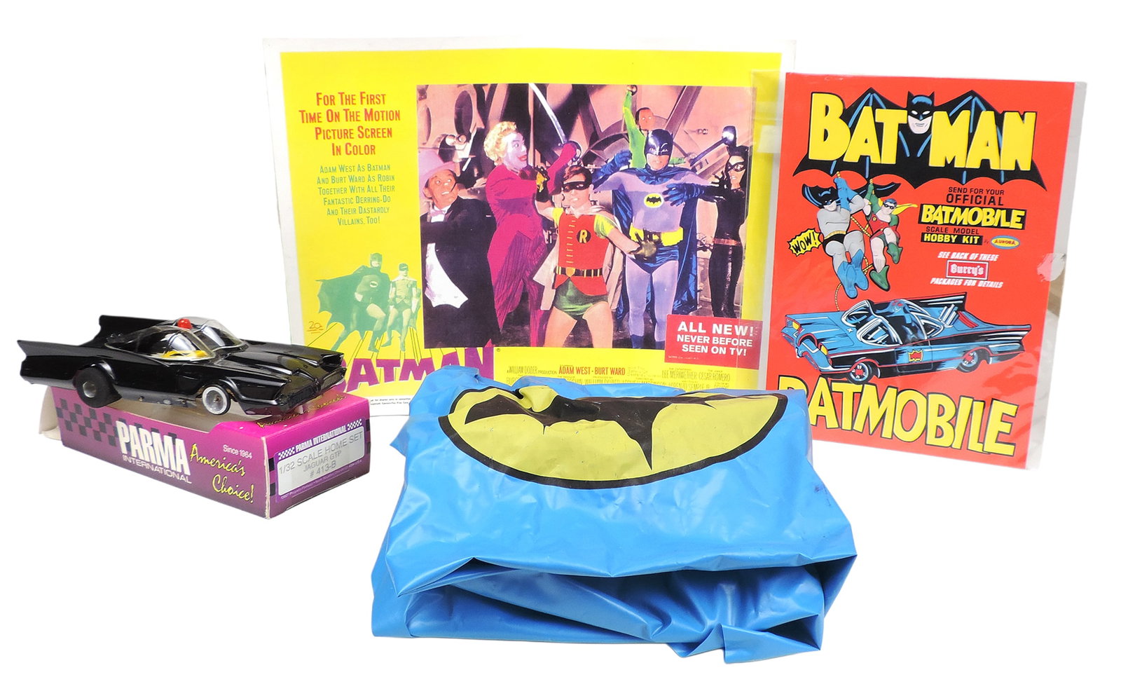 Batman Items (4), Parma Alternations 1/24 scale slot car, c. 1990s, Flexi-Kar chassis, Batman Bat...: Batman Items (4), Parma Alternations 1/24 scale slot car, c. 1990s, Flexi-Kar chassis, Batman Batmobile cardboard display, Batman repro Lobby Card & plastic cape, VG to NOS cond (enlarge photos for