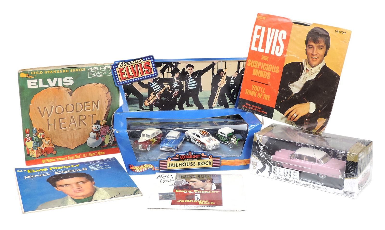 Elvis Items (6), Elvis 1955 Cadillac Fleetwood Series 60, Limited Edition, 1:43 scale, Greenlight...: Elvis Items (6), Elvis 1955 Cadillac Fleetwood Series 60, Limited Edition, 1:43 scale, Greenlight Collections Hollywood, Target Hot wheels Drive-In Jailhouse Rock, No. 29895, Elvis Presley at His Grea