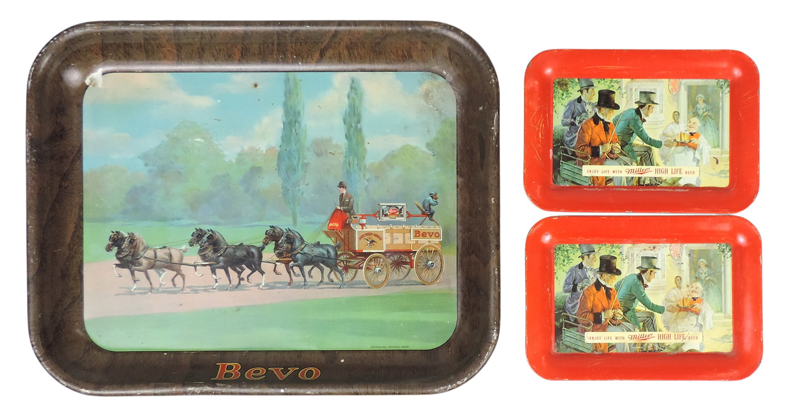 Anheuser-Busch Bevo & Miller Brewing Tip Trays (3), Miller Brewing Co., Milwaukee, Wisc., Thos. A...: Anheuser-Busch Bevo & Miller Brewing Tip Trays (3), Miller Brewing Co., Milwaukee, Wisc., Thos. A. Schutz Co., Chicago Tip Trays (2) & Anheuser-Busch Bevo serving tray, litho on tin/metal, c.