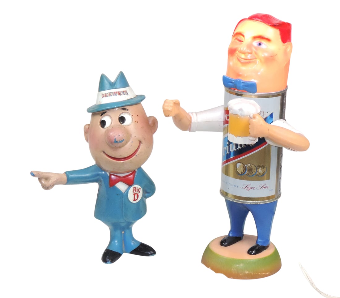 Storz Beer Advertising Light & Drewry's Beer Man Figure, plastic/metal, working mechanism on light,: Storz Beer Advertising Light & Drewry's Beer Man Figure, plastic/metal, working mechanism on light, no flag, 1960 & Drewry's figure w/o base, c. 1950s, Good to VG cond w/age-related wear (enlarge phot