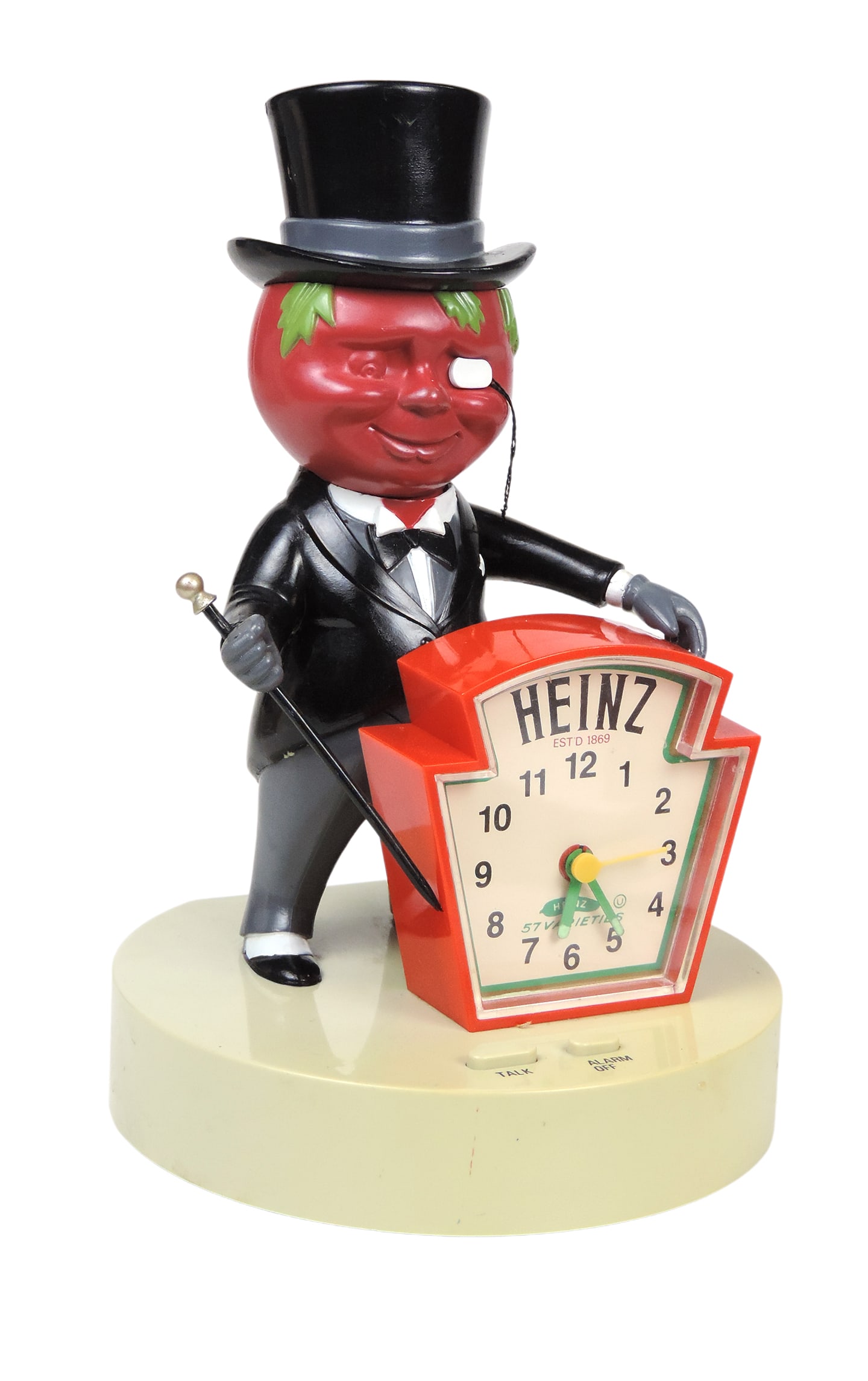 Heinz Alarm Clock, Mr. Tomato, copyright of H.J. Heinz Co., made in Hong Kong, plastic, no batter...: Heinz Alarm Clock, Mr. Tomato, copyright of H.J. Heinz Co., made in Hong Kong, plastic, no battery cover, untested, o/all VG cond unless noted, (enlarge photos for details), H 9.5 x W 6 in.