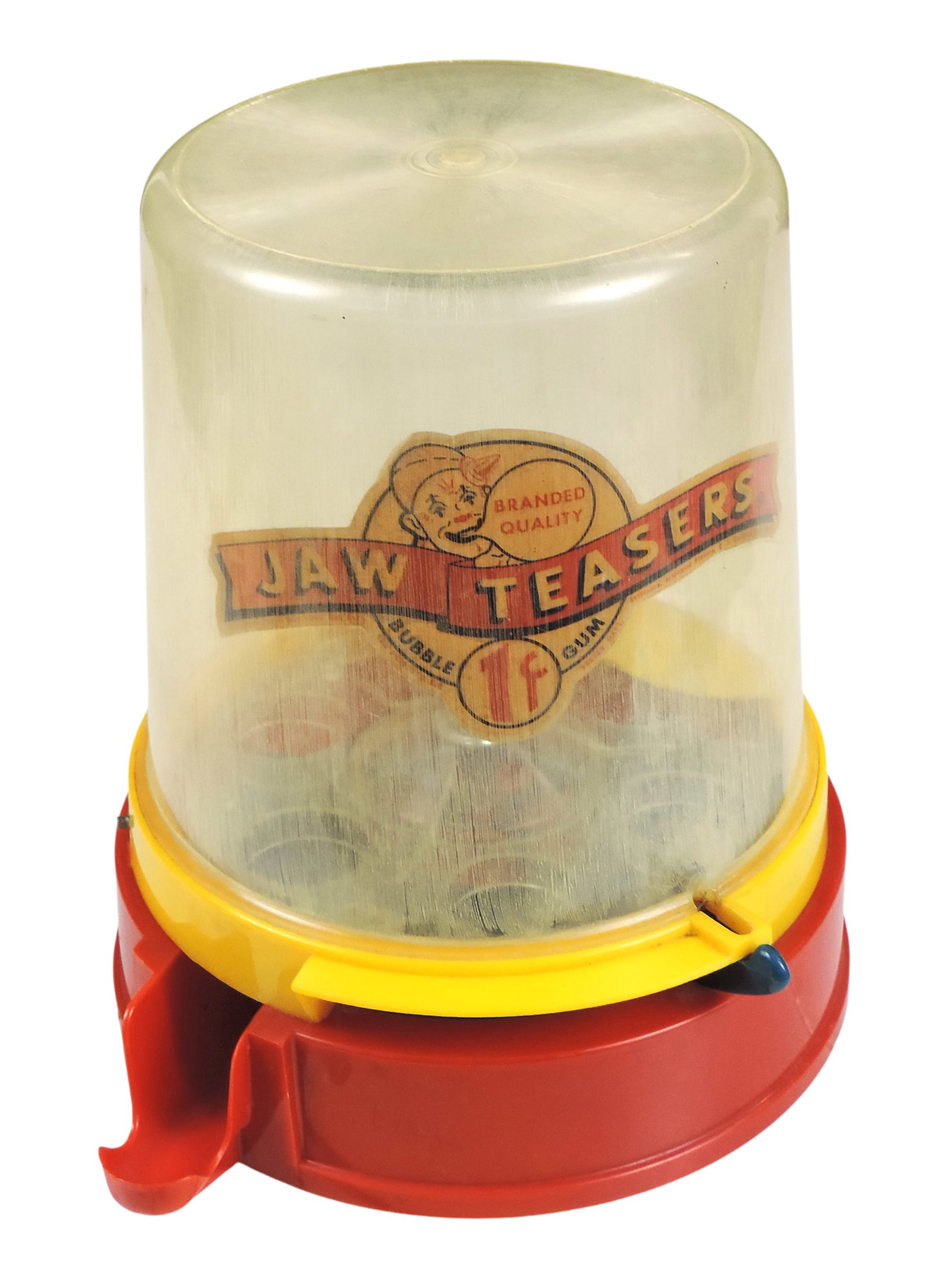 Jaw Teasers Bubble Gum 1¢ Machine, plastic/metal, c. mid 1900s, Good cond w/age-related wear (e: Jaw Teasers Bubble Gum 1¢ Machine, plastic/metal, c. mid 1900s, Good cond w/age-related wear (enlarge photos for details), H 11 x W 10.75 x D 9.25 in.