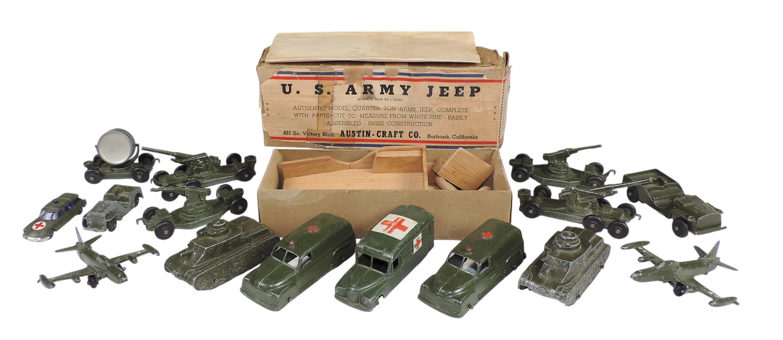 Toy Army Vehicles (16), Tootsietoy, Husky, Dinky, diecast & U.S. Army Jeep, wooden scale model, o... (1 of 1)