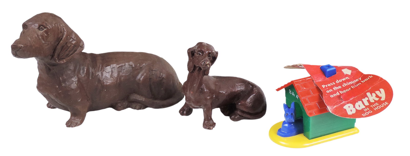 Dachshund Novelties (3), Red Mill Mfg resin Dachshund figure, smaller Dachshund figure & Barky In...: Dachshund Novelties (3), Red Mill Mfg resin Dachshund figure, smaller Dachshund figure & Barky In The Dog House, Ideal, plastic, working cond, c. mid 1900s, Exc cond, up to H 4.25 x L 6.5 in.