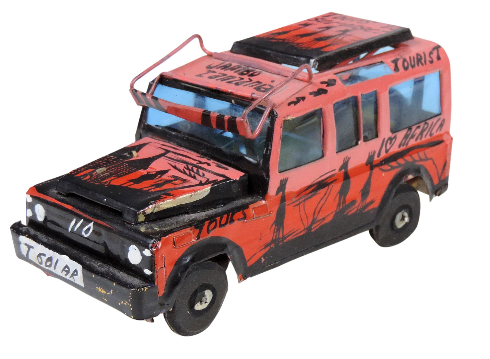 African Recycling Artist Safari Land Rover, Jambo Tanzania, hand made in Tanzania, tin/rubber, o/...: African Recycling Artist Safari Land Rover, Jambo Tanzania, hand made in Tanzania, tin/rubber, o/all VG cond (enlarge photos for details), H 3.25 x W 6.75 in.