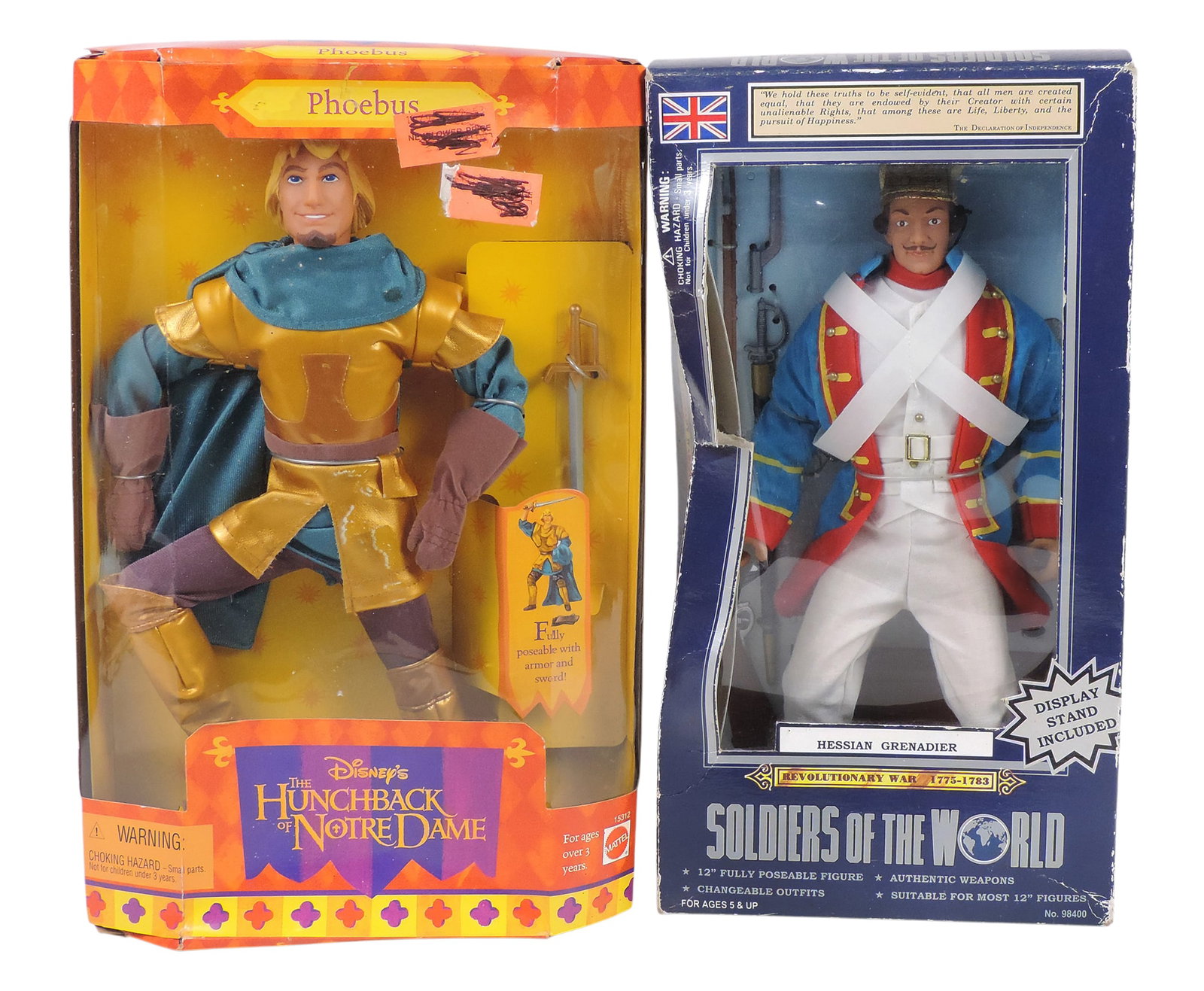 Action Figures (2), Soldiers Of The World, Revolutionary War, Hessian Grenadier & Disney's The Hu...: Action Figures (2), Soldiers Of The World, Revolutionary War, Hessian Grenadier & Disney's The Hunchback of Notre Dame, Phoebus, c. 1990s, NOS w/orig boxes showing some wear, up to H 13,5 x W 8.5 in.