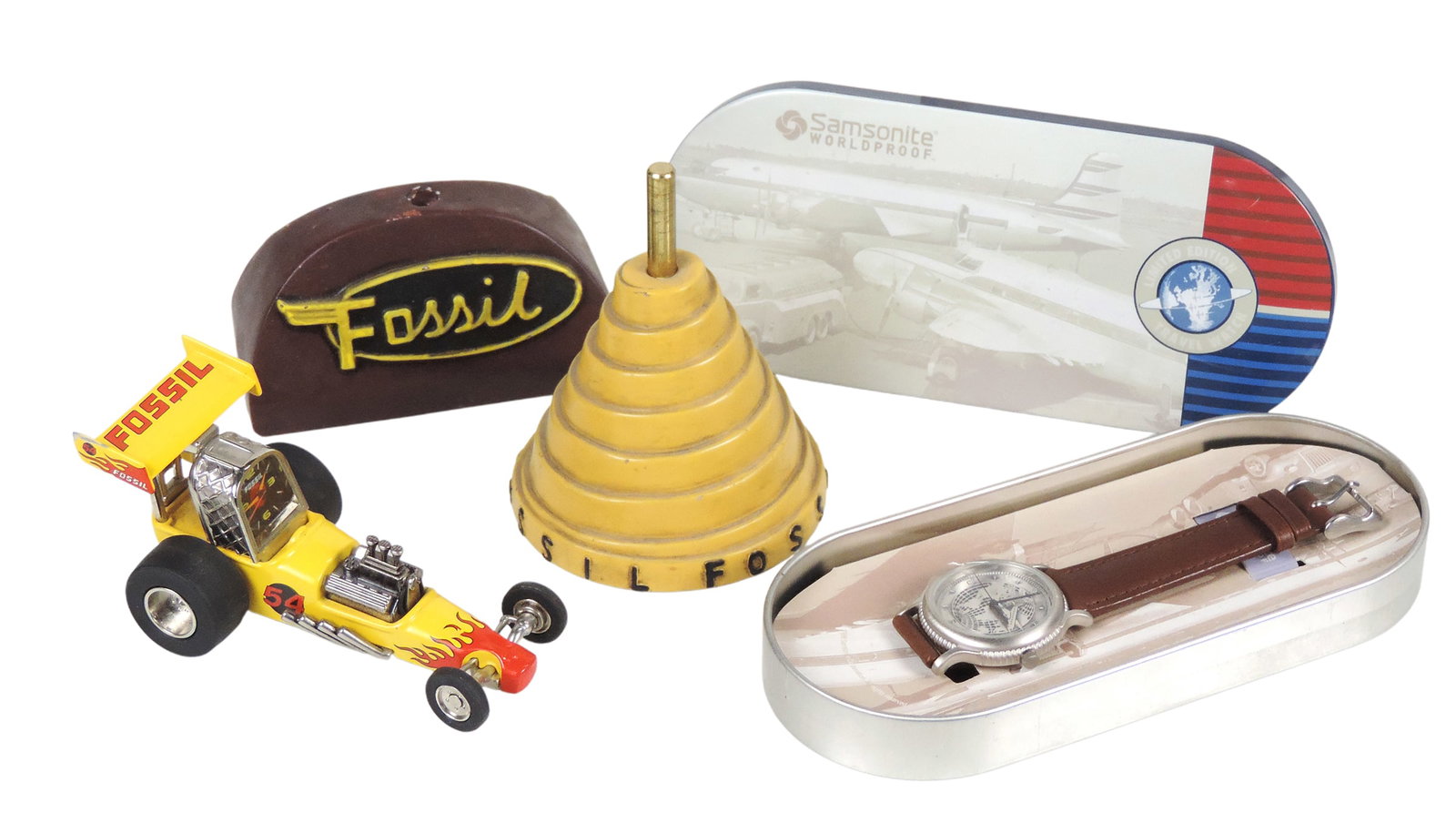 Fossil Watch Displays & Samsonite Watch (4), Limited Edition Custom Designed Samsonite Worldproof...: Fossil Watch Displays & Samsonite Watch (4), Limited Edition Custom Designed Samsonite Worldproof watch, litho on tin container, 1998, NOS, Fossil Dragster Desk Clock, Limited Edition, cast metal, Fos