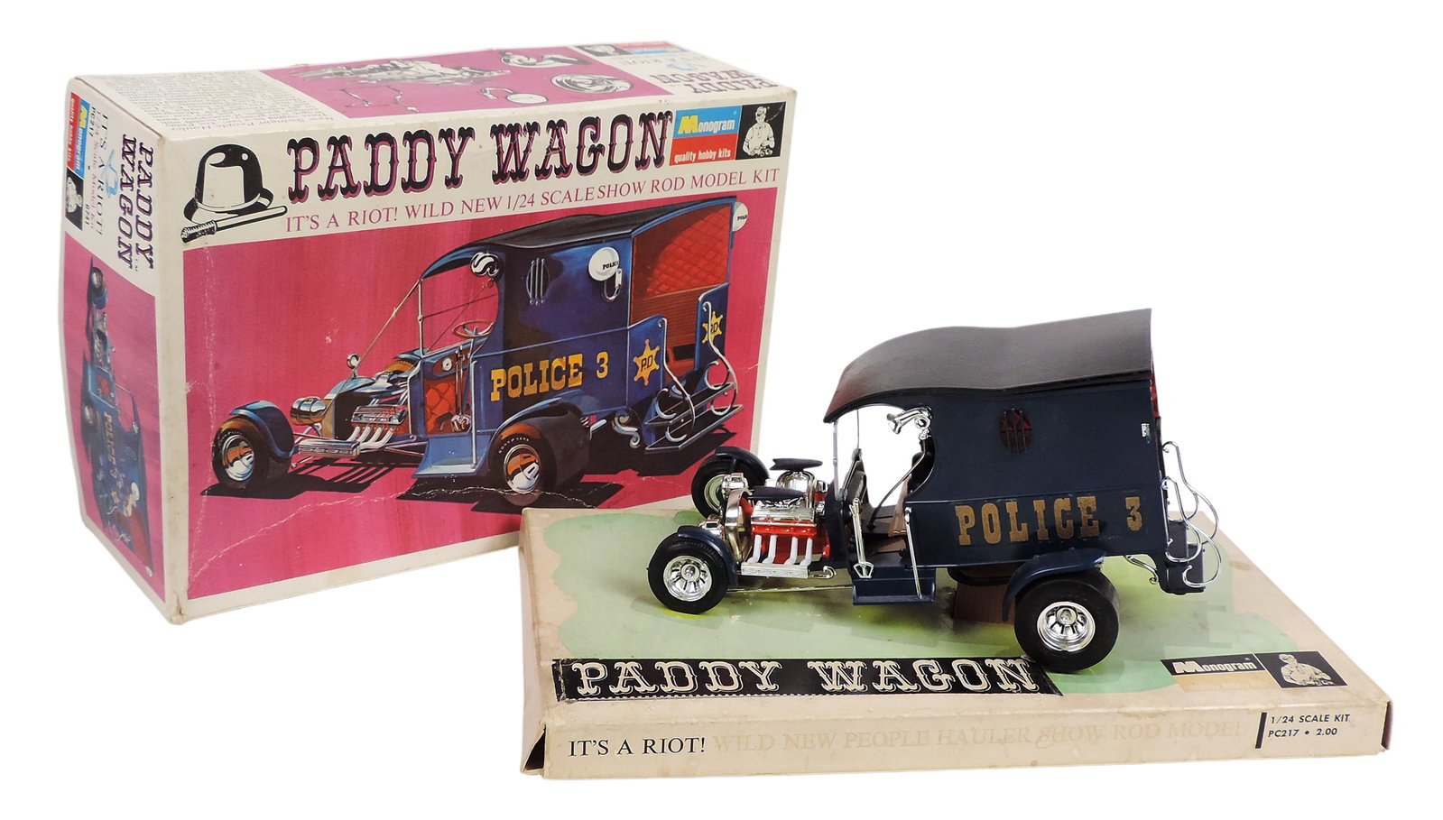 Toy Scale Kit Model, Paddy Wagon & Display, orig box, Show Rod Model, It's a Riot, 1/24 scale, 1968: Toy Scale Kit Model, Paddy Wagon & Display, orig box, Show Rod Model, It's a Riot, 1/24 scale, 1968 Monogram, plastic parts cannot be guaranteed to all be present on assembled model & Cardboard Dealer