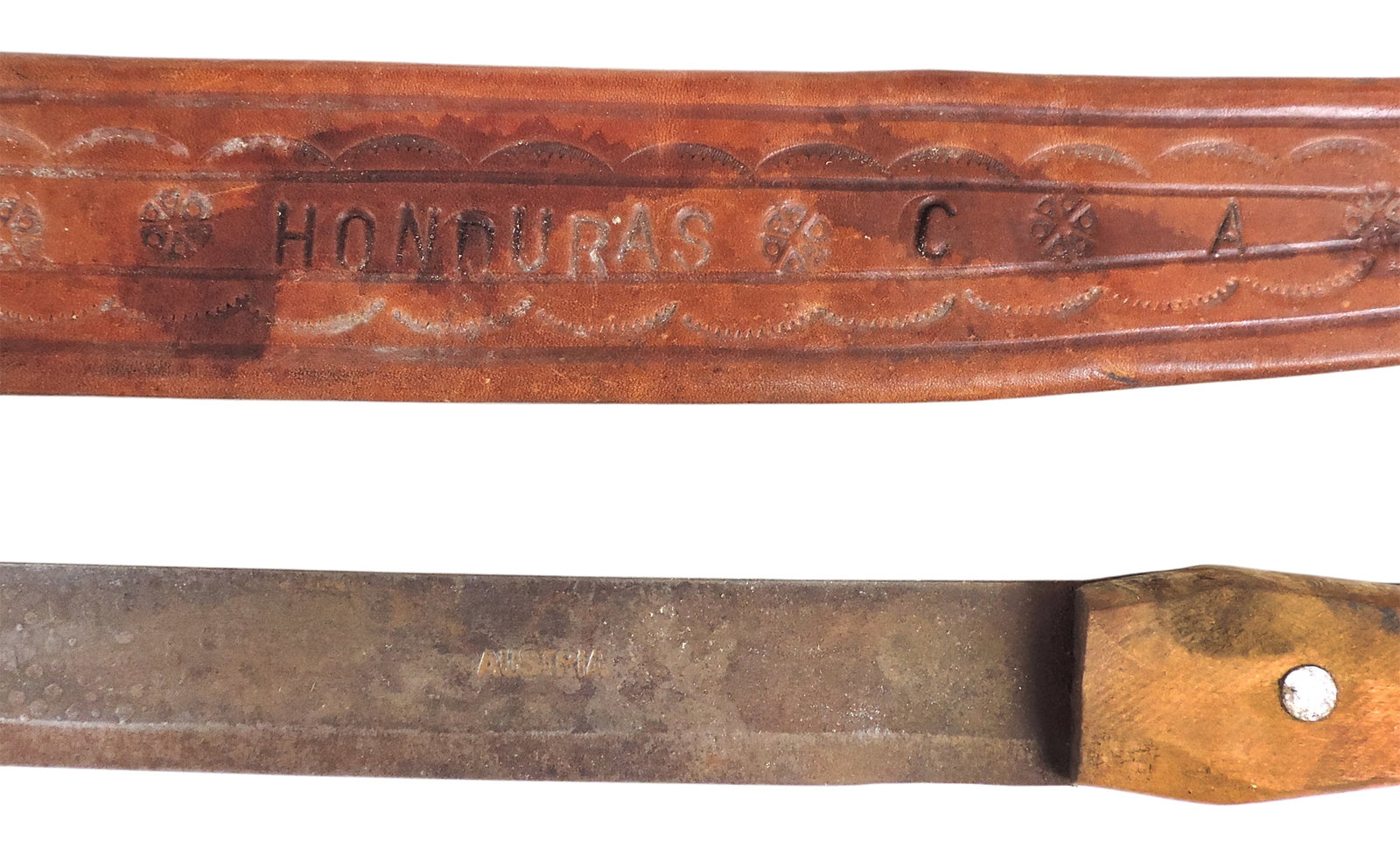Machetes & Leather Sheathes (2), ornate hand-tooled leather sheathes w/decorative fringe/tassels,... - 2