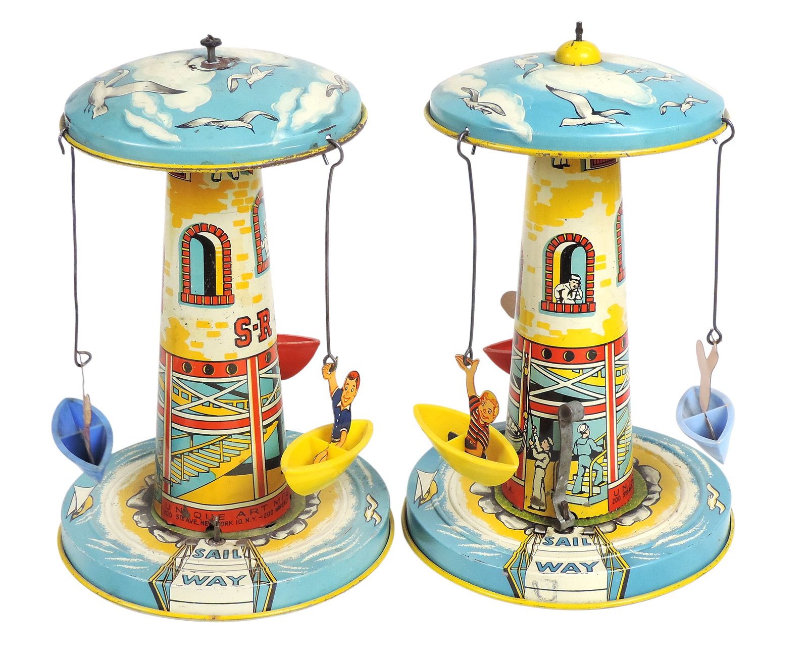 Mechanical Toys & Replacement Parts (5), all litho on tin, Musical Sail Way Lighthouse Carousel (... - 2