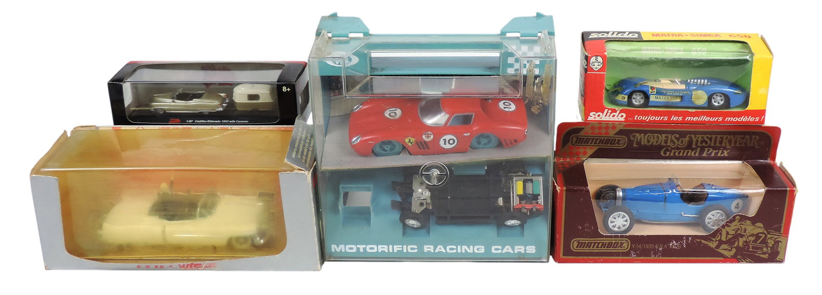Toy Scale Models (5), includes 1953 Cadillac Eldorado w/Caravan, Malibu International Ltd, 1:87 s...: Toy Scale Models (5), includes 1953 Cadillac Eldorado w/Caravan, Malibu International Ltd, 1:87 scale, made in China, Marta/Simca 650, Solido, No. 178, made in France, Matchbox Models of Yesteryear, G