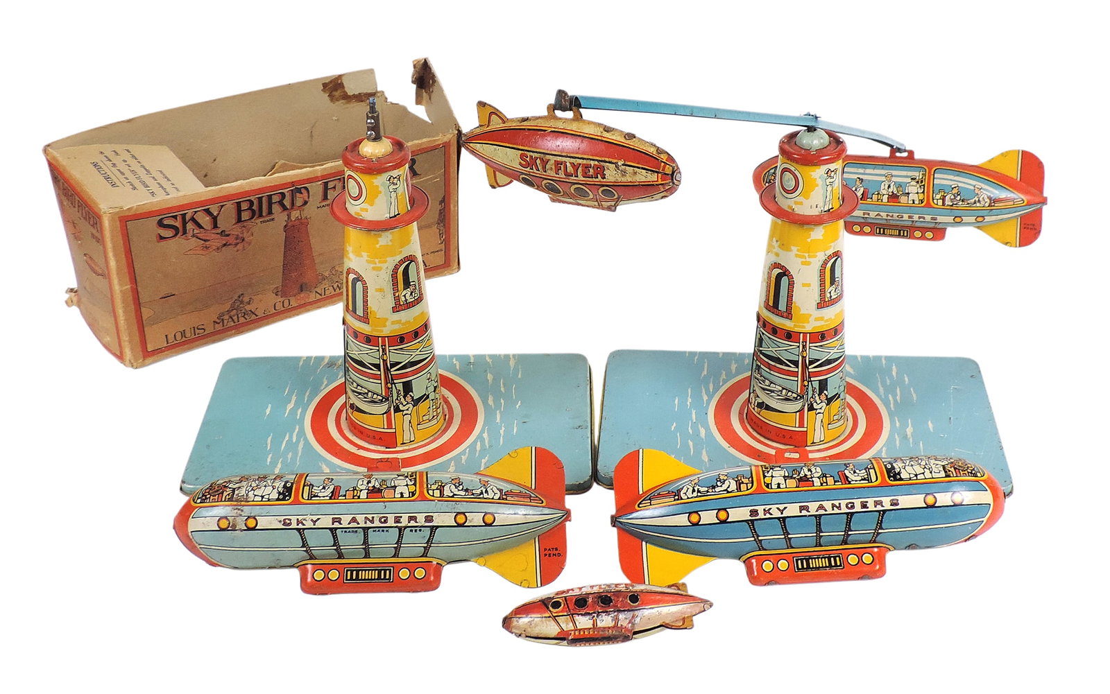 Mechanical Toys & Replacement Parts (5), all litho on tin, Unique Art Mfg. Co., Inc., Sky Ranger,... - 2