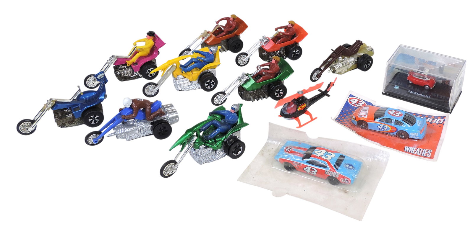 Toy Scale Models (14), includes Mattel Chopcycles Speed Steeds, c. 1970s, made in Mexico, Gorgi J...: Toy Scale Models (14), includes Mattel Chopcycles Speed Steeds, c. 1970s, made in Mexico, Gorgi Juniors, Batman Helicopter, made in Great Britain, Cararama, BMW Isetta 250, Hot Wheels Richard Petty Wh