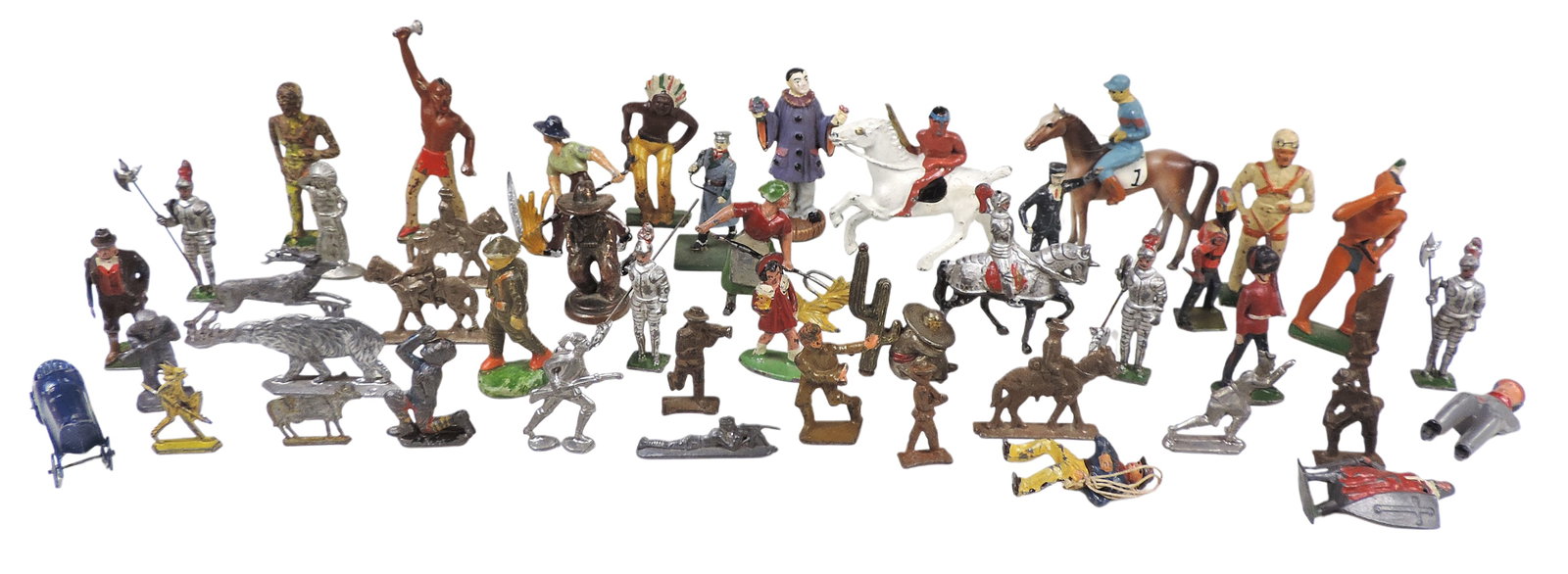 Toy Figures (40+), includes Native American, Military, Knights, Jockey, Clown, Cowboy, Animals, s...: Toy Figures (40+), includes Native American, Military, Knights, Jockey, Clown, Cowboy, Animals, some have moving parts, made from various materials such as cast lead, pewter, cast iron, brass,