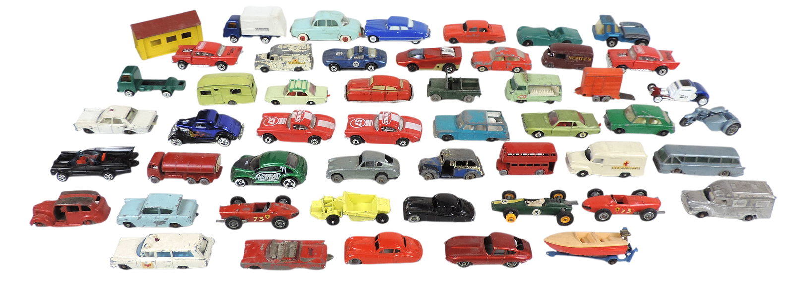 Toy Scale Models (40+), includes several Matchbox Series by Lesney, made in England, Hot Wheels, ...: Toy Scale Models (40+), includes several Matchbox Series by Lesney, made in England, Hot Wheels, Gorgi Juniors, Disney Pixar, Toosietoy, Norev, Dinky Toys & unmarked, c. mid 1900s, various cond (enlar