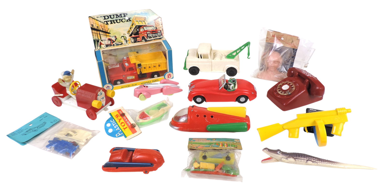 Toys (14), includes Space Explorer Rocket, friction-powered, Gilmark Toys, X-41 Rocket Car, Speed...: Toys (14), includes Space Explorer Rocket, friction-powered, Gilmark Toys, X-41 Rocket Car, Speed King, by Renwal, celluloid alligator from Miami Beach, Geico Insurance Advertising in Jaguar, Tommy Gu