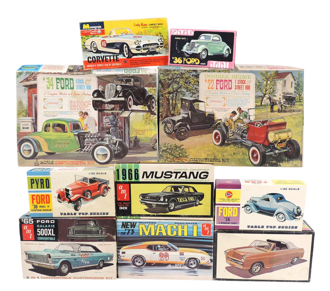 Toy Scale Model Kits (10), includes 1965 Galzie 500XL Convertible, 1966 Mustang Hardtop Convertib...: Toy Scale Model Kits (10), includes 1965 Galzie 500XL Convertible, 1966 Mustang Hardtop Convertible, 1955 Ford Convertible Showboat, 1973 Mustang Mach I, Forty Niner Corvette, 1936 Ford Coupe, 1930