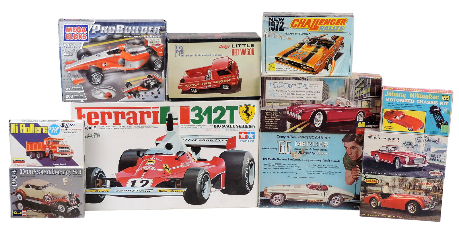 Toy Scale Model Kits (11), includes ProBuilder Formula Racer, 1966 Mercer, Predicta, Dodge Little...: Toy Scale Model Kits (11), includes ProBuilder Formula Racer, 1966 Mercer, Predicta, Dodge Little Red Wagon, 1972 Challenger Rallye, Hi Rollers Dump Truck, Triumph T.R.3, Ferrari 342 America, Johnny T
