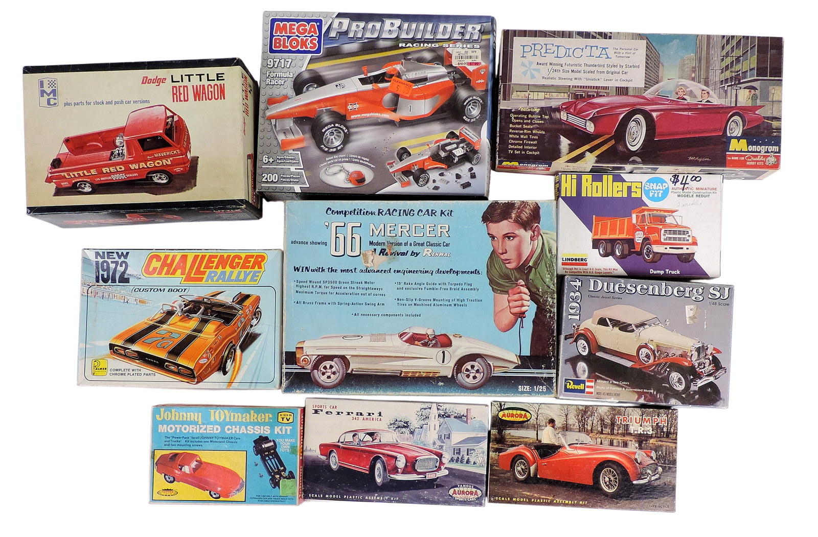 Toy Scale Model Kits (11), includes ProBuilder Formula Racer, 1966 Mercer, Predicta, Dodge Little... - 2