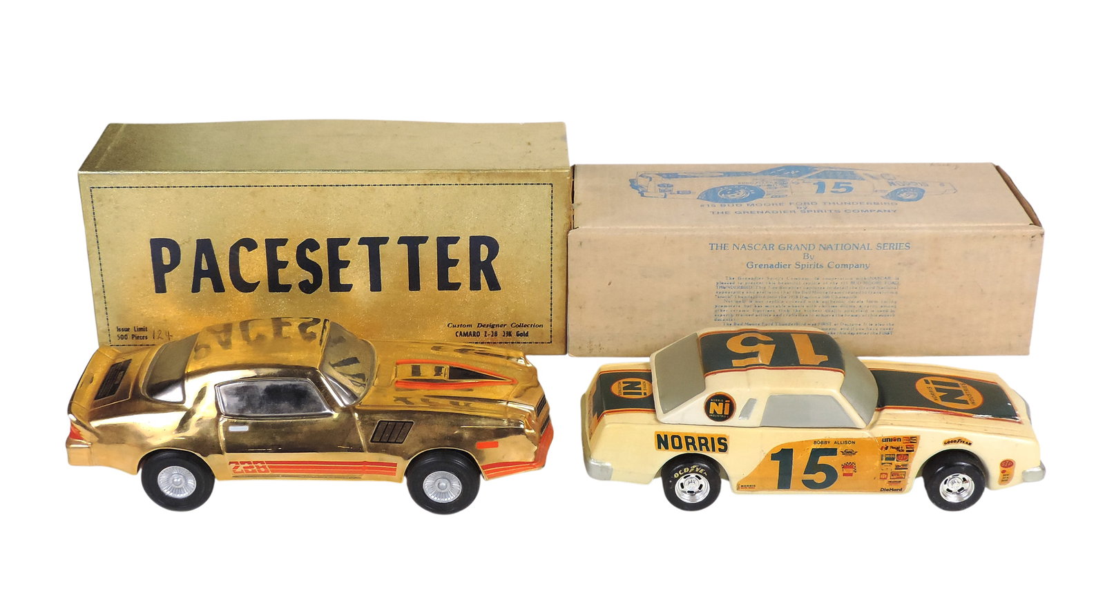 Spirits Decanters Scale Model (2), The Grenadier Spirits Co., NASCAR Grand National Series, ceram...: Spirits Decanters Scale Model (2), The Grenadier Spirits Co., NASCAR Grand National Series, ceramic/plastic & Pacesetter, Custom Designer Collection, Issue Limit 124/500, Camaro Z-28, 23K Gold &