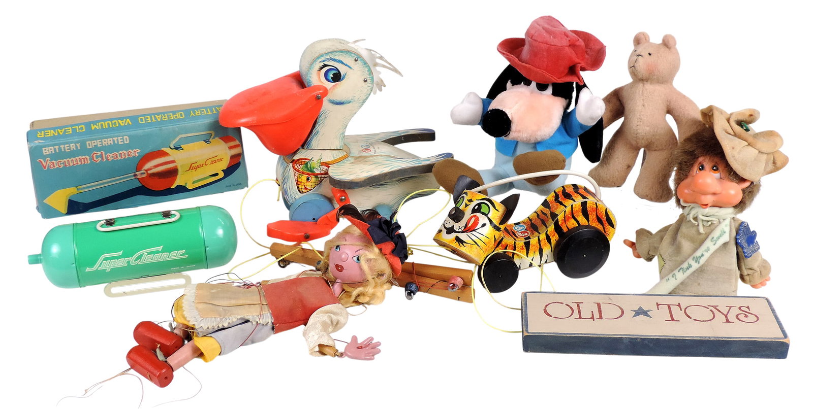 Vintage Toys (8), Goofy from Mickey's Christmas Carol, Applause Wadsworth Hobo Troll Doll, felt T...: Vintage Toys (8), Goofy from Mickey's Christmas Carol, Applause Wadsworth Hobo Troll Doll, felt Teddy Bear, Pelham Puppets Marionette, Pull Tiger by Fisher Price Toys, Vacuum Cleaner, battery operated