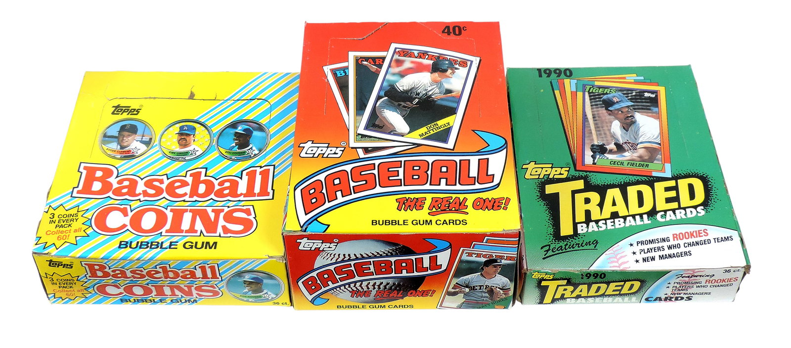 Topps Baseball Cards & Coins, 3 NOS boxes, 1988 Major Leage Baseball "the Real one" Bubble...: Topps Baseball Cards & Coins, 3 NOS boxes, 1988 Major Leage Baseball "the Real one" Bubble Gum Cards, full box of 36, 1990 Tops Traded Baseball Cards, full box of 36 & 1989 Baseball Coins, each pkg co