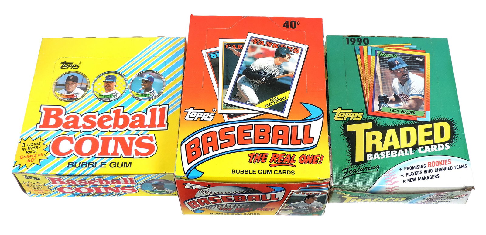 Topps Baseball Cards & Coins, 3 NOS boxes, 1988 Major Leage Baseball "the Real one" Bubble...: Topps Baseball Cards & Coins, 3 NOS boxes, 1988 Major Leage Baseball "the Real one" Bubble Gum Cards, full box of 36, 1990 Tops Traded Baseball Cards, full box of 36 & 1989 Baseball Coins, each pkg