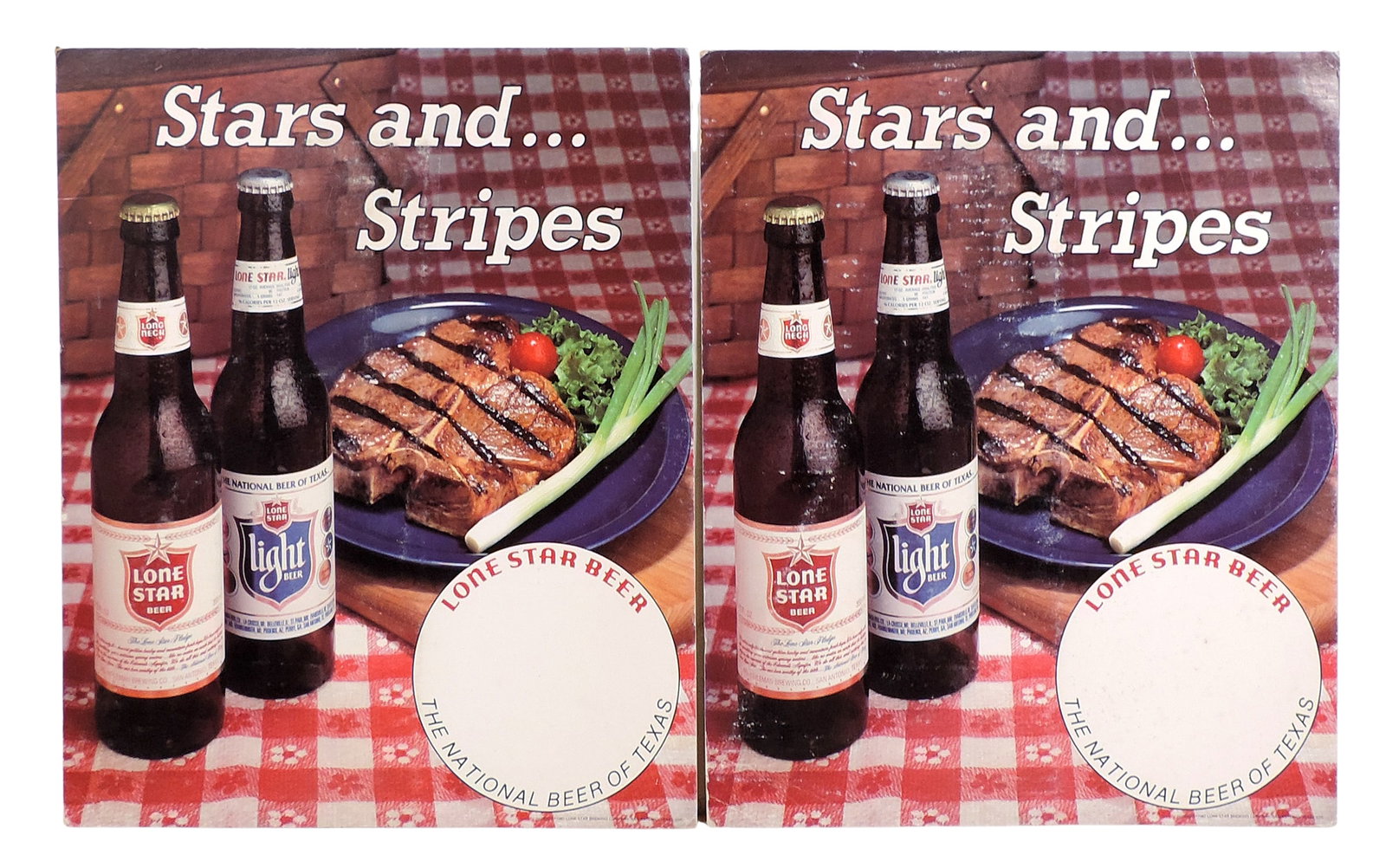Lone Star Beer Signs (2), The National Beer of Texas, die-cut cardstock w/easel back, Â©19: Lone Star Beer Signs (2), The National Beer of Texas, die-cut cardstock w/easel back, Â©1987 Lone Star Brewing Co.-San Antonio, Texas, Good/VG cond, H 17 x W 14 in.
