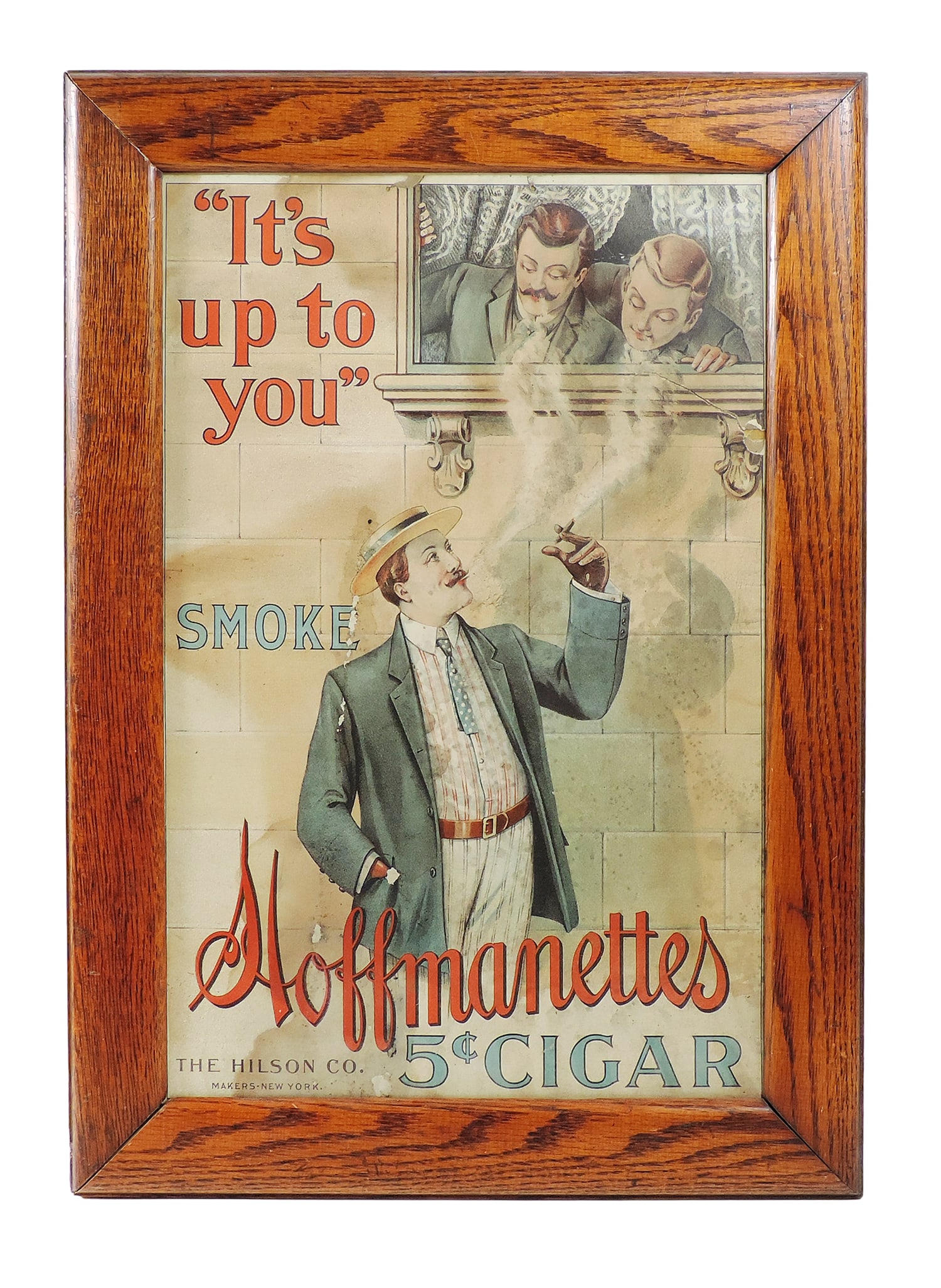 Hoffmanettes 5¢ Cigar Sign, The Hilson Co. Makers-New York, famous for high-society luxury bran: Hoffmanettes 5¢ Cigar Sign, The Hilson Co. Makers-New York, famous for high-society luxury branding, antique oak frame, litho does show some age-related wear (enlarge photos for details), c.