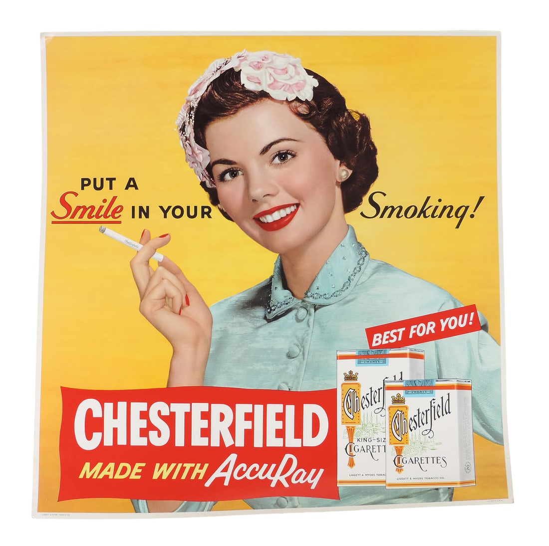 Chesterfield Cigarette Sign, pretty young woman smoking her favorite brand, litho on cardstock by...: Chesterfield Cigarette Sign, pretty young woman smoking her favorite brand, litho on cardstock by Liggett & Myers Tobacco Co., made w/AccuRay, a technology marketed to ensure the consistency &