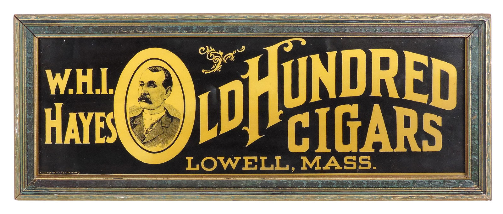 W.H.I. Hayes Old Hundred Cigars Sign, Lowell, Mass, Kinnard Mfg. Co.-Dayton, O, cardstock in wooden (1 of 1)