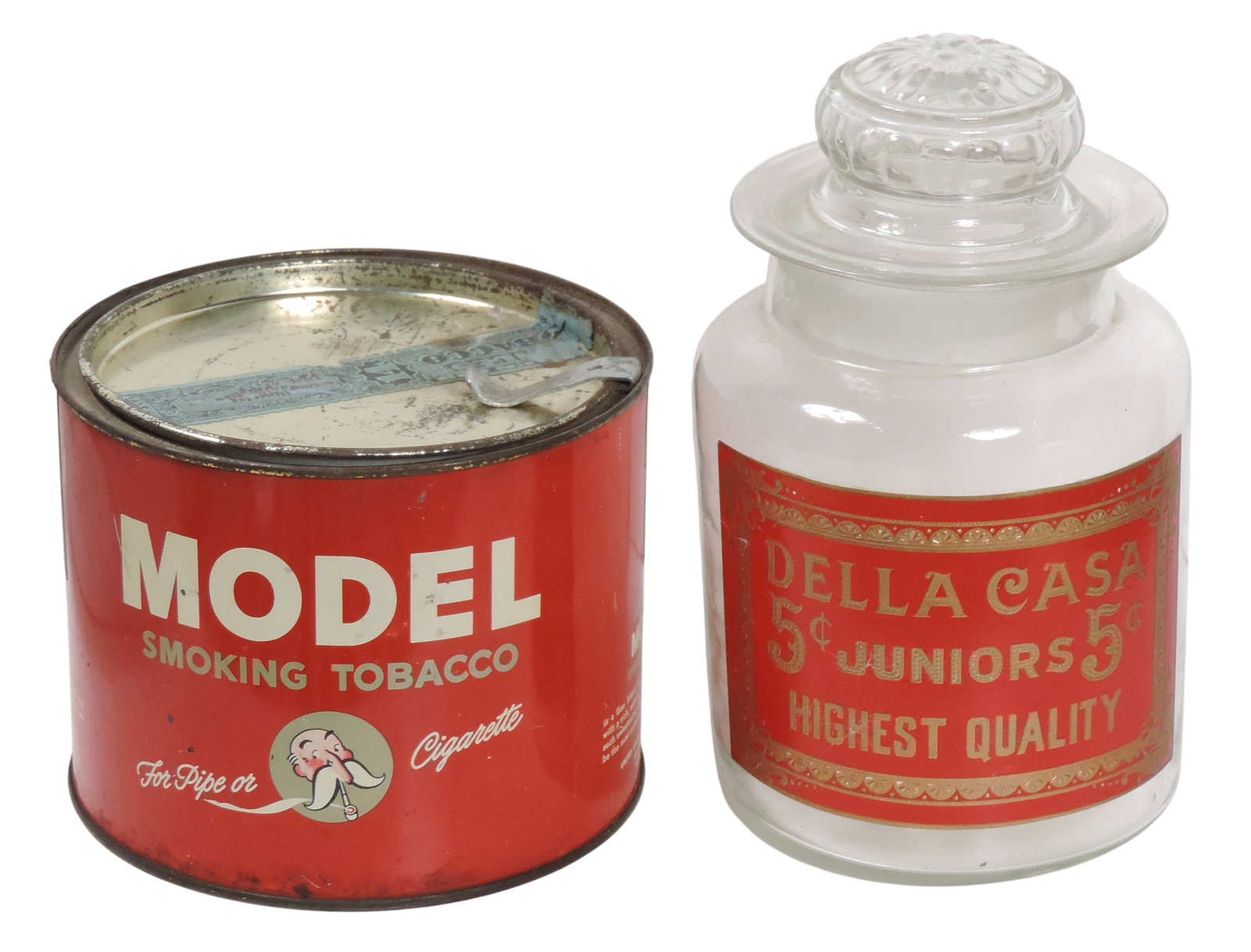 Tobacco Containers (2), Della Casa, glass w/embossed gold leaf lettered paper label, 5Â¢ J: Tobacco Containers (2), Della Casa, glass w/embossed gold leaf lettered paper label, 5¢ Juniors & Model Smoking Tobacco Tin, For Pipe or Cigarette, partial orig seal remains, Mfgd by United State