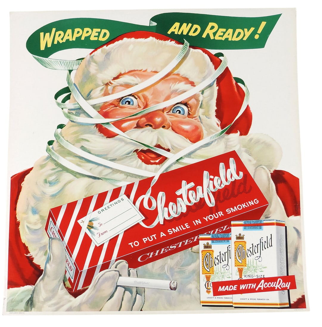Chesterfield Cigarette Holiday Santa Sign from Liggett & Myers Tobacco Co., litho on cardstock, p...: Chesterfield Cigarette Holiday Santa Sign from Liggett & Myers Tobacco Co., litho on cardstock, printed in U.S.A., features Santa Claus promoting buying cartons for the holidays, made w/AccuRay, a