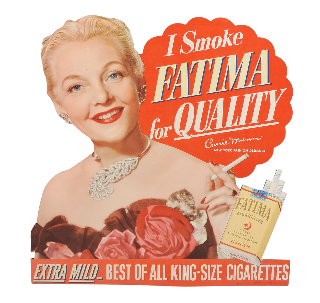 Fatima Cigarettes Countertop Display, diecut heavy cardstock w/easel back, litho in USA, Liggett ...: Fatima Cigarettes Countertop Display, diecut heavy cardstock w/easel back, litho in USA, Liggett & Myers Tobacco Co., featuring Carrie Munn, New York Fashion Designer, c. 1950s, o/all Exc cond
