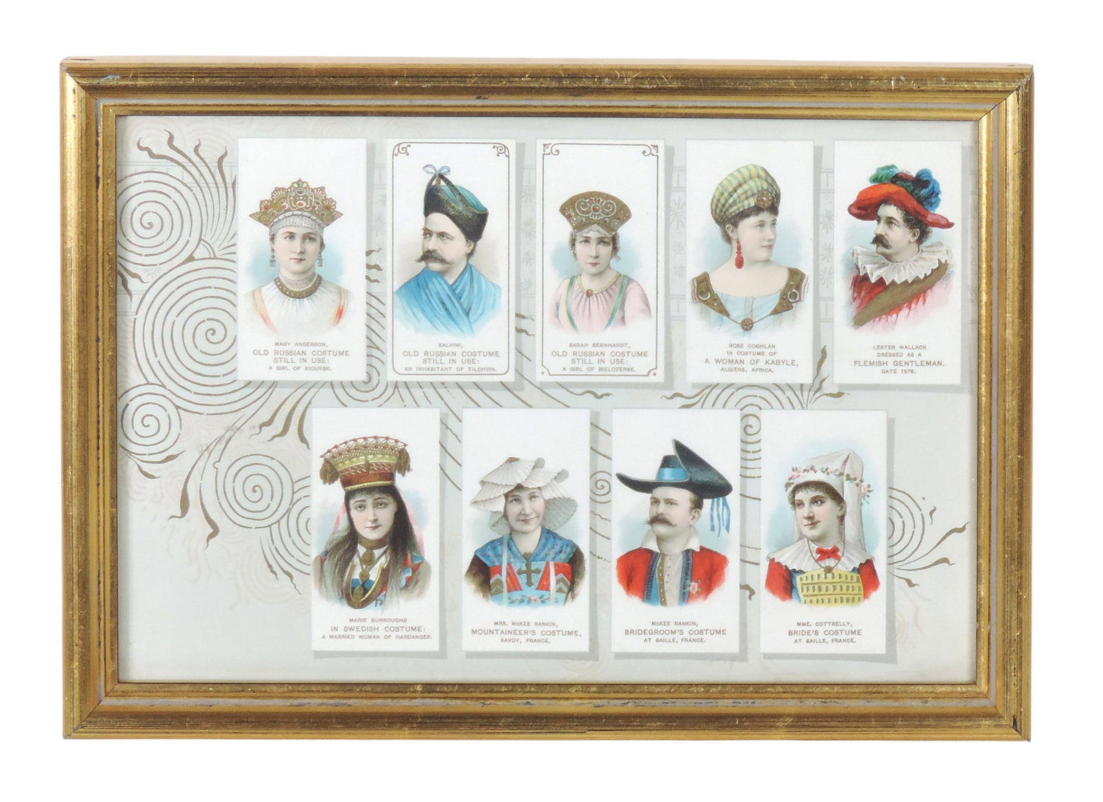 Tobacco Advertising Costumes of All Nations Lithograph, part of the N70 â€œActors an: Tobacco Advertising Costumes of All Nations Lithograph, part of the N70 "Actors and Actresses" set, series produced by W. Duke Sons & Co., 9 of set of 50 cards, modern gold-toned glass & wood frame, c