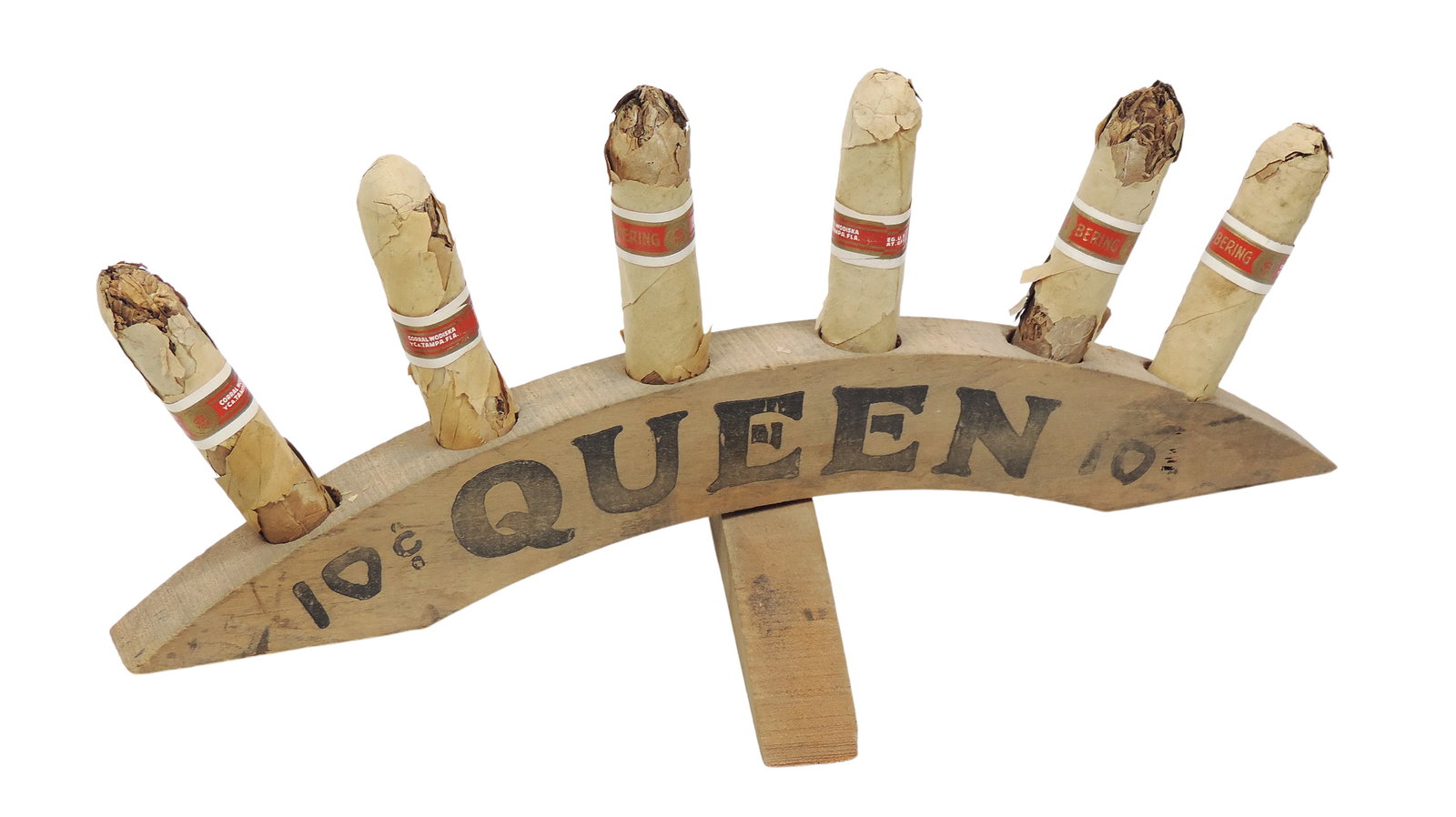 Cigar Counter display for Queen Cigars 10 Cents, wood w/orig lettering on both front & rear, disp...: Cigar Counter display for Queen Cigars 10 Cents, wood w/orig lettering on both front & rear, displays 6 of your favorite stogies on a swivel base, c.early 1900's, display VG cond, old cigars are dry &