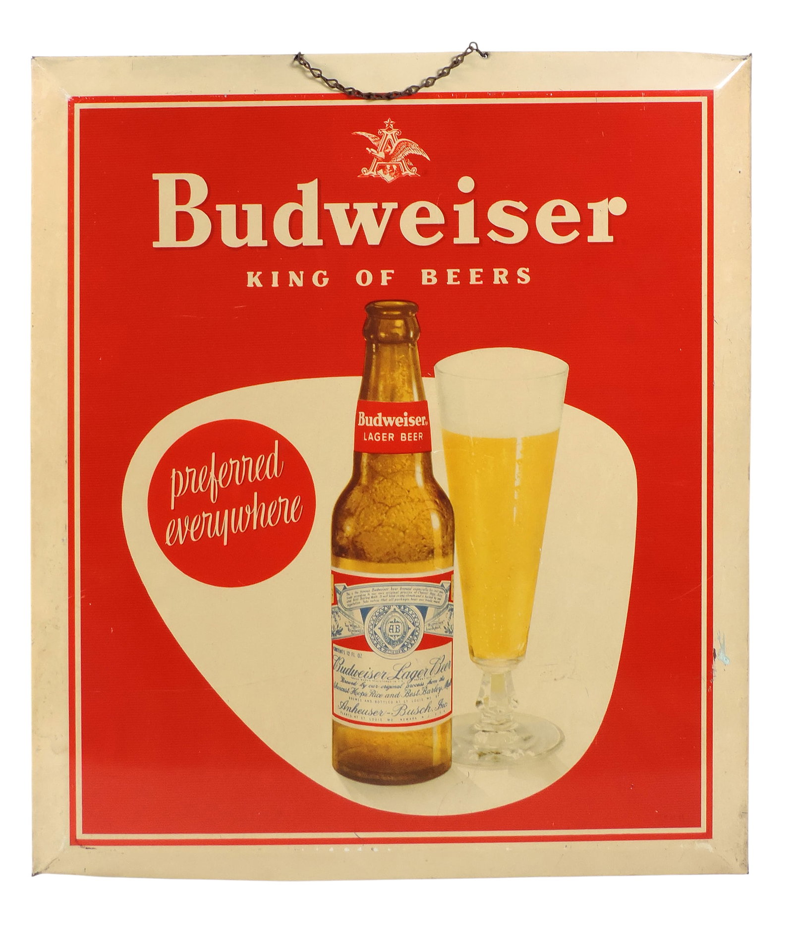 Budweiser King of Beer Countertop Display, litho on metal/tin w/cardstock easel back, back label ... (1 of 2)