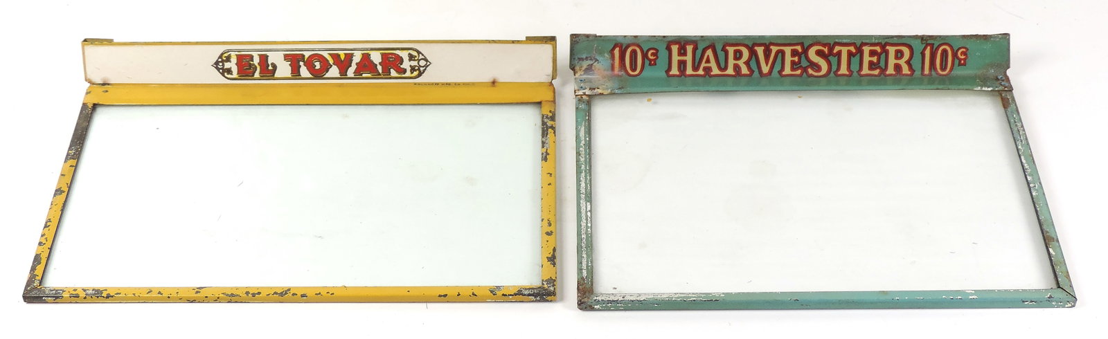 Cigar Box Glass Panel Lid Cover (2), 10¢ Harvester 10¢, litho on tin & El Toyar, The Brunh (1 of 2)
