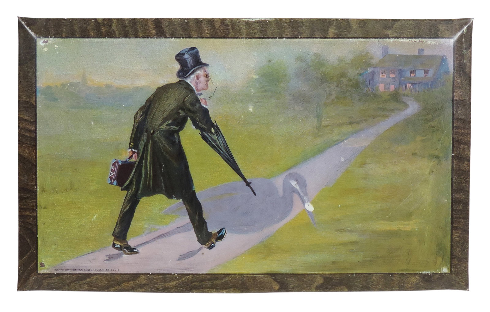 Anheuser-Busch "Dr Stork" Malt-Nutrine Sign, litho on tin w/cardstock backing, printing on ba...: Anheuser-Busch "Dr Stork" Malt-Nutrine Sign, litho on tin w/cardstock backing, printing on back, copyright 1915 Anheuser-Busch St. Louis, c. early 1900s, VG cond w/minor wear to litho & slight