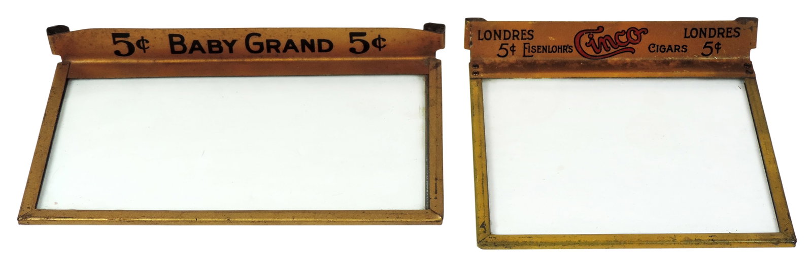 Cinco & Baby Grand Cigar Metal & Glass Cigar Box Display Lids (2), both for 5 Cent Cigars, c.1920... (1 of 2)