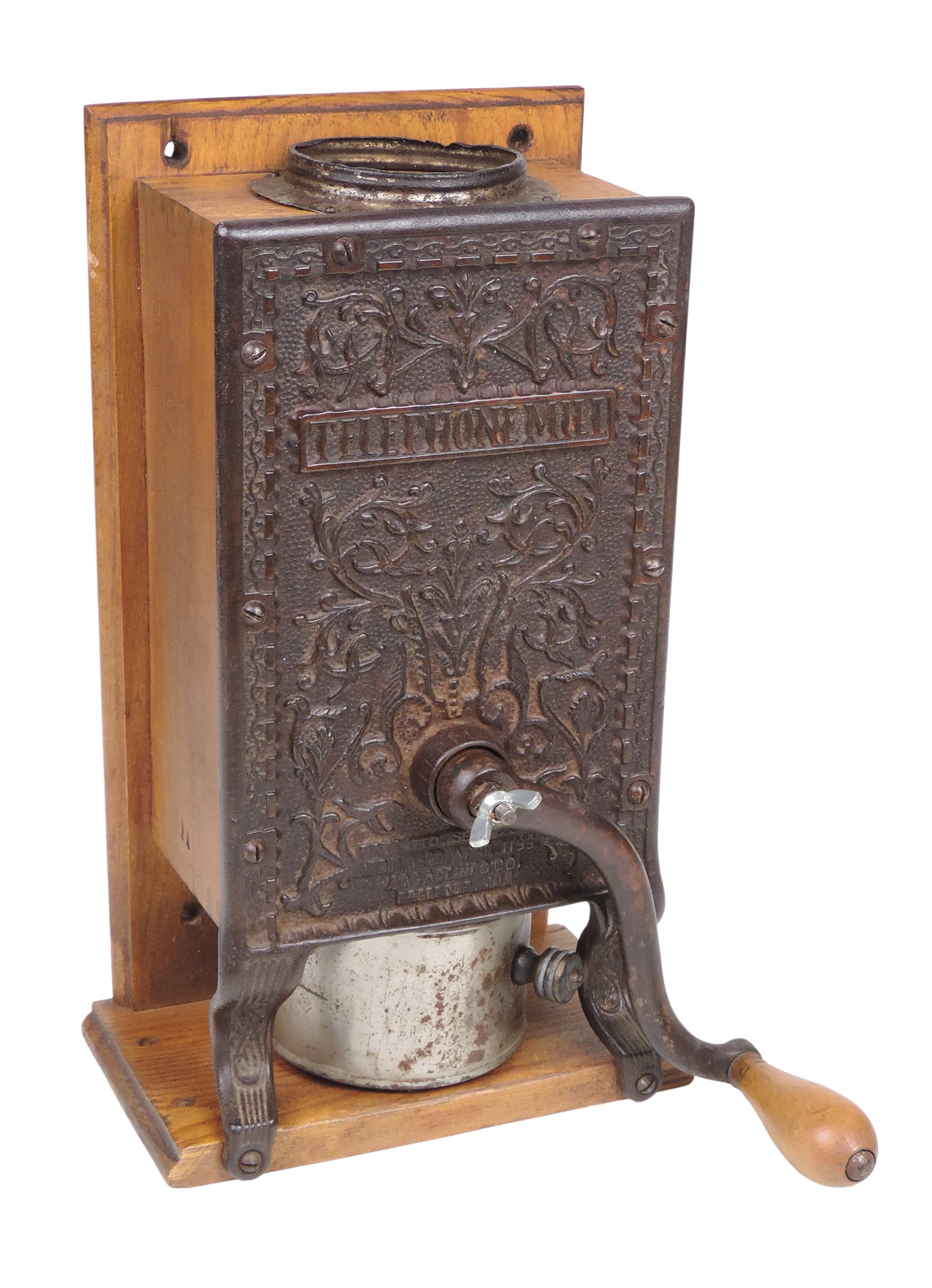 Telephone Mill Coffee Grinder, Arcade Mfg. Co., wall mount, cast iron front w/intricate floral de... (1 of 4)
