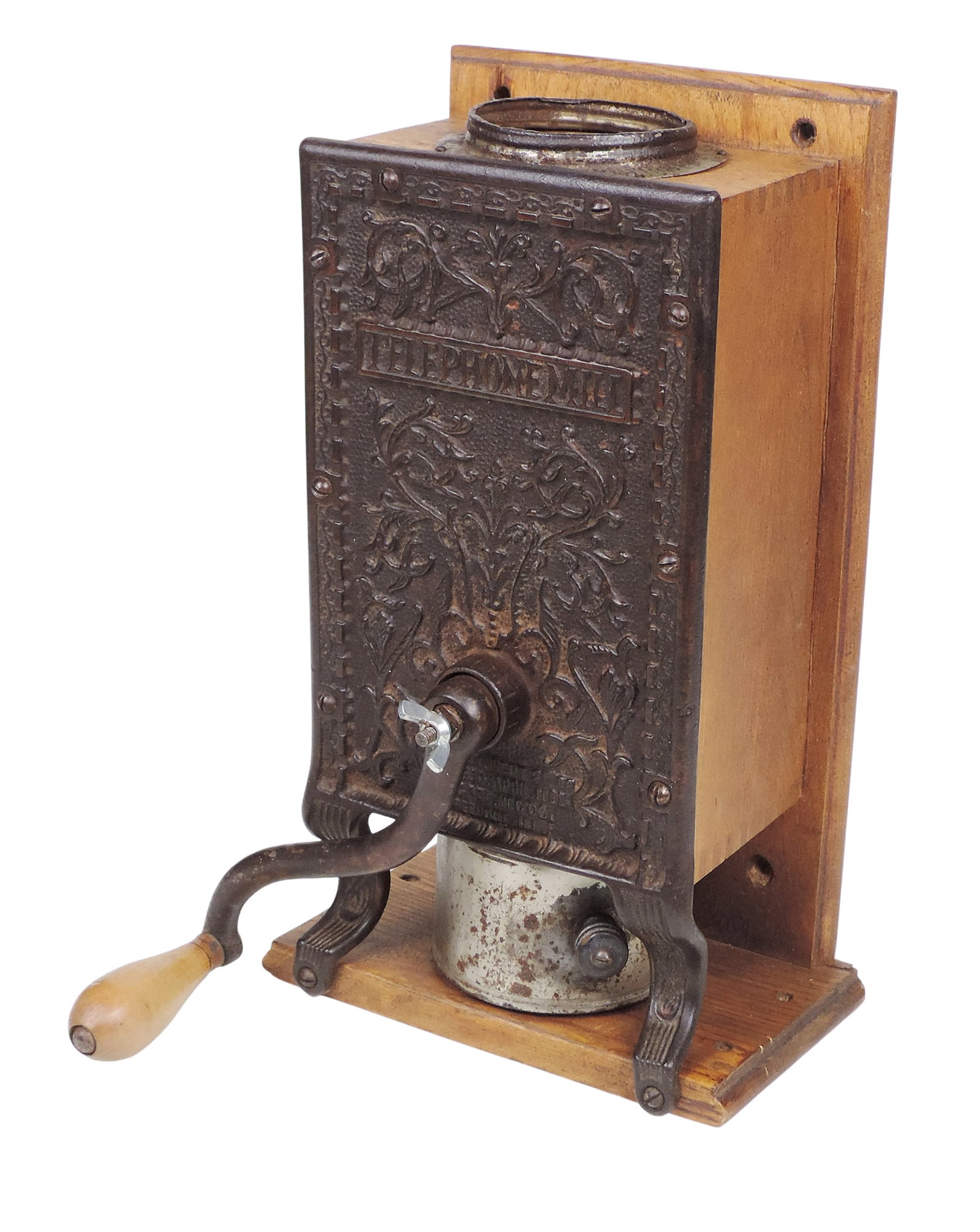 Telephone Mill Coffee Grinder, Arcade Mfg. Co., wall mount, cast iron front w/intricate floral de... - 2