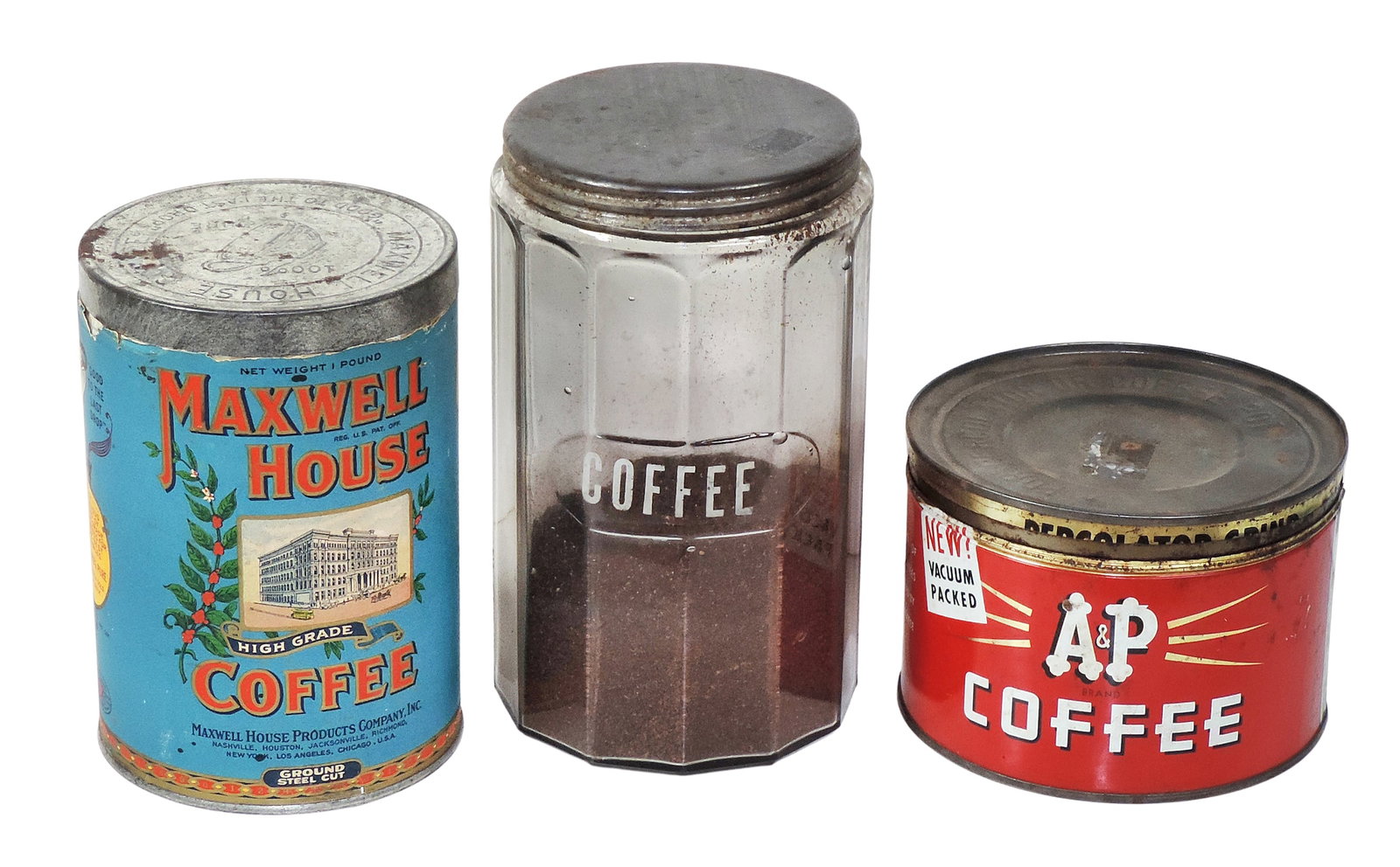 Coffee Containers (3), Maxwell House Coffee Tin w/paper label & embossed lid, c.1920's,A&P Coffee... (1 of 2)