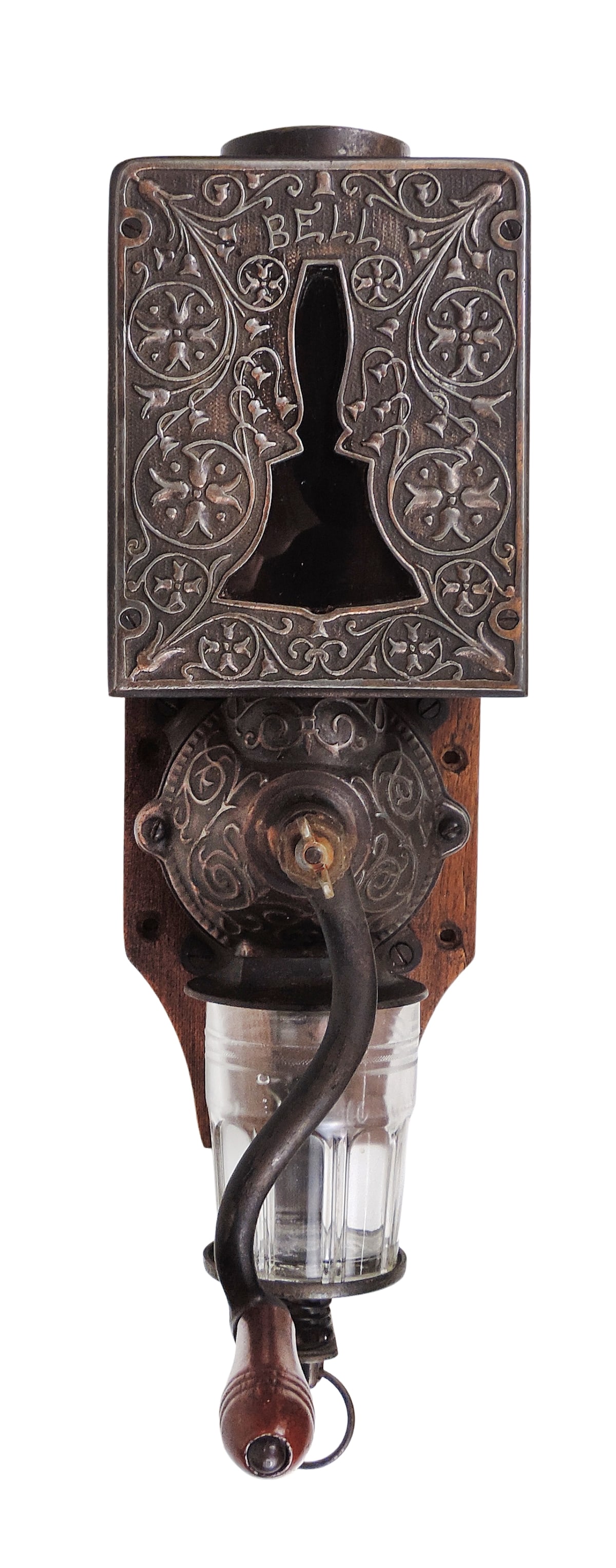 Bell Coffee Grinder, Arcade Mfg. Co., wall mount, oak wooden backboard w/distinctive cast iron fa... (1 of 4)
