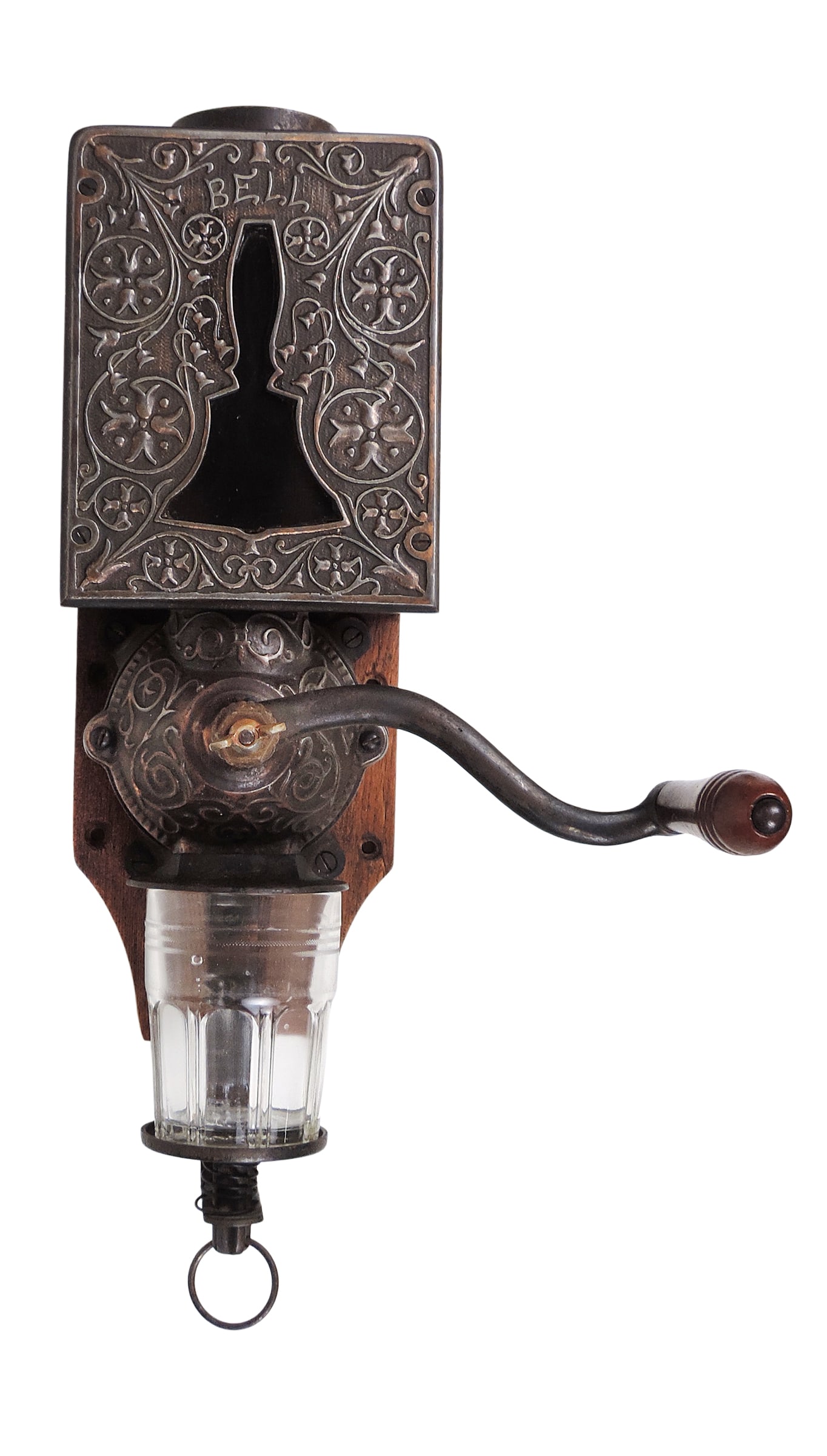 Bell Coffee Grinder, Arcade Mfg. Co., wall mount, oak wooden backboard w/distinctive cast iron fa... - 2