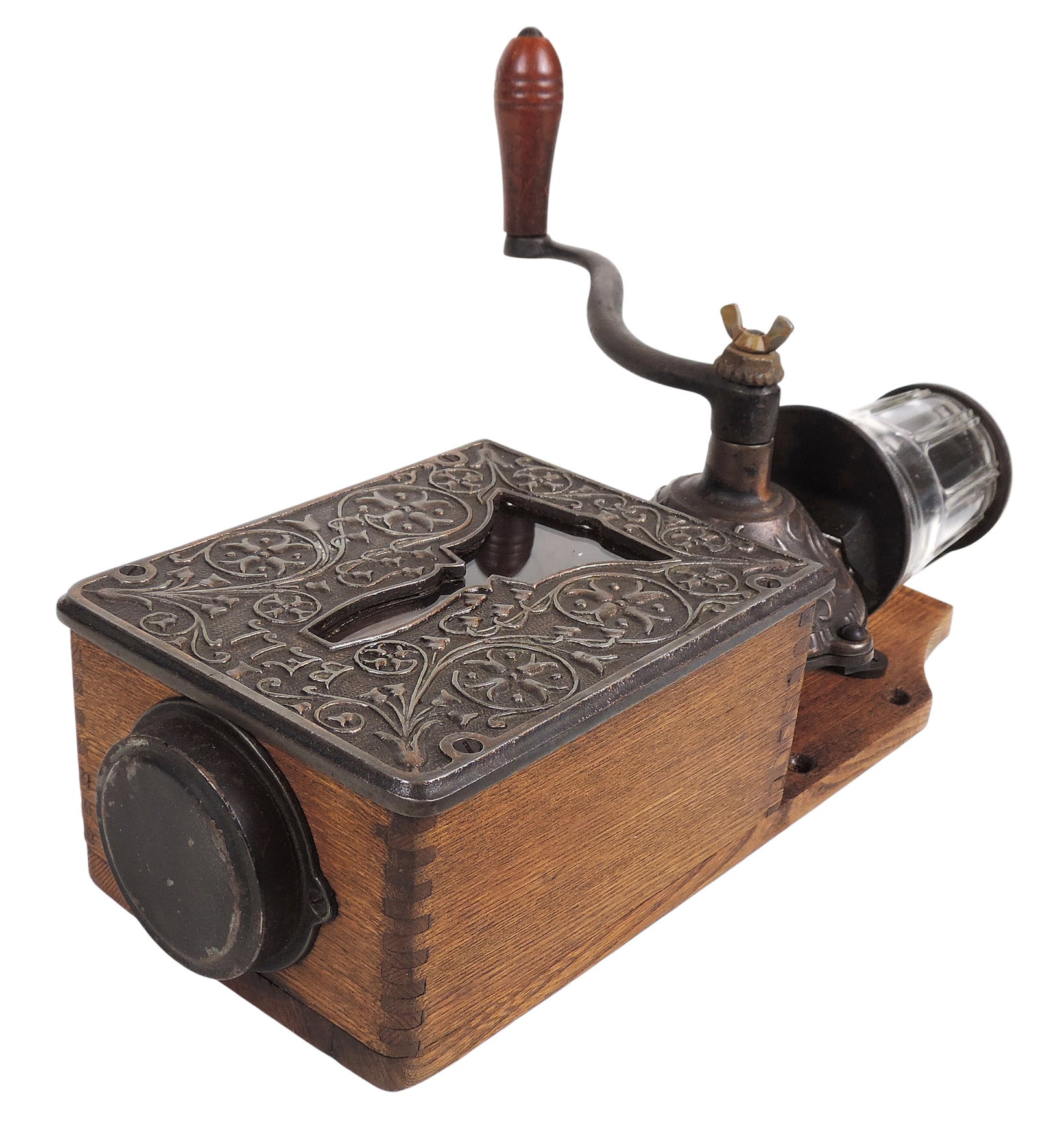 Bell Coffee Grinder, Arcade Mfg. Co., wall mount, oak wooden backboard w/distinctive cast iron fa... - 3