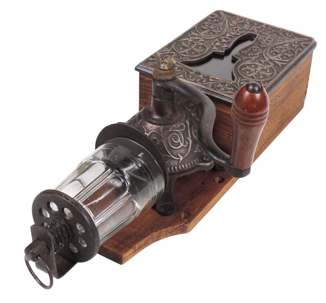 Bell Coffee Grinder, Arcade Mfg. Co., wall mount, oak wooden backboard w/distinctive cast iron fa... - 4