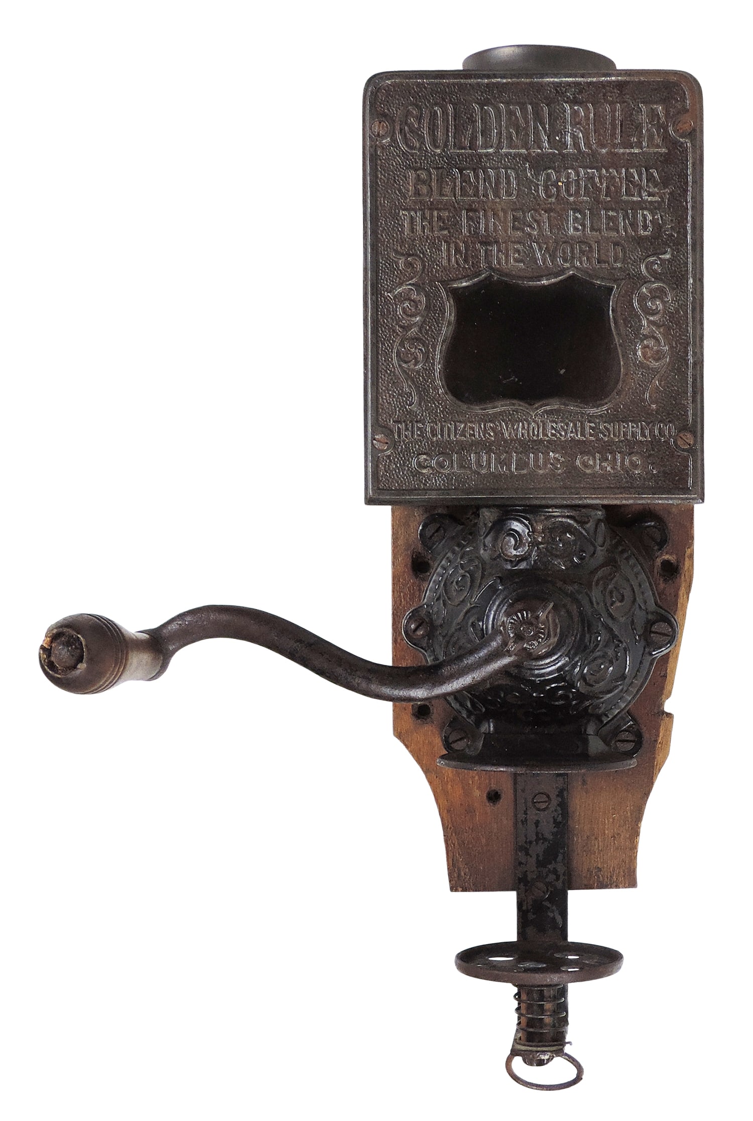 Golden Rule Coffee Grinder, Mfg. by the Arcade Mfg. Co., wall-mount, cast iron face features embo... (1 of 2)